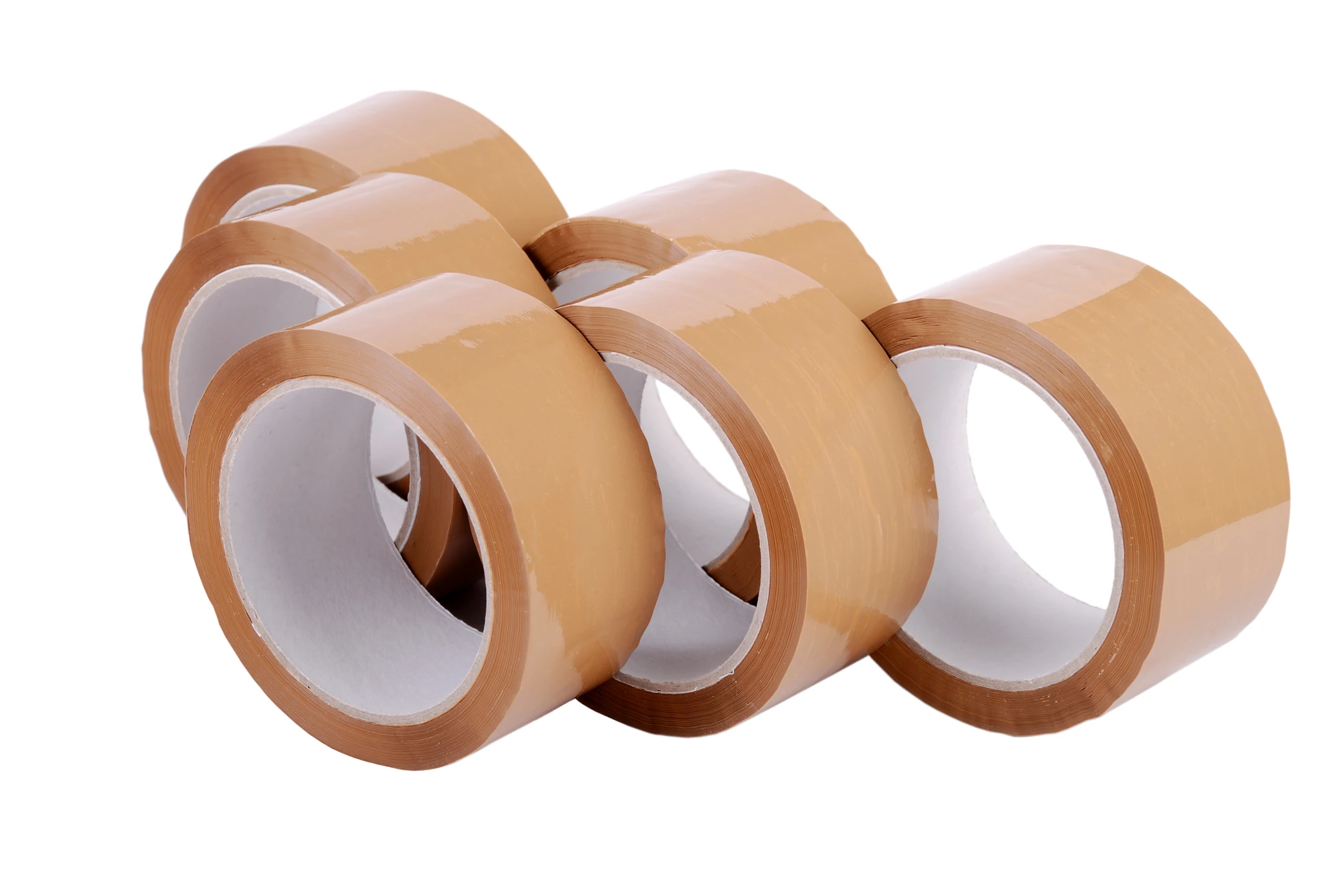 6 rolls of brown packing tape standing in a group