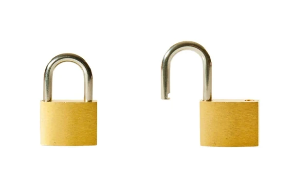 2 brass padlocks, one locked, the other unlocked