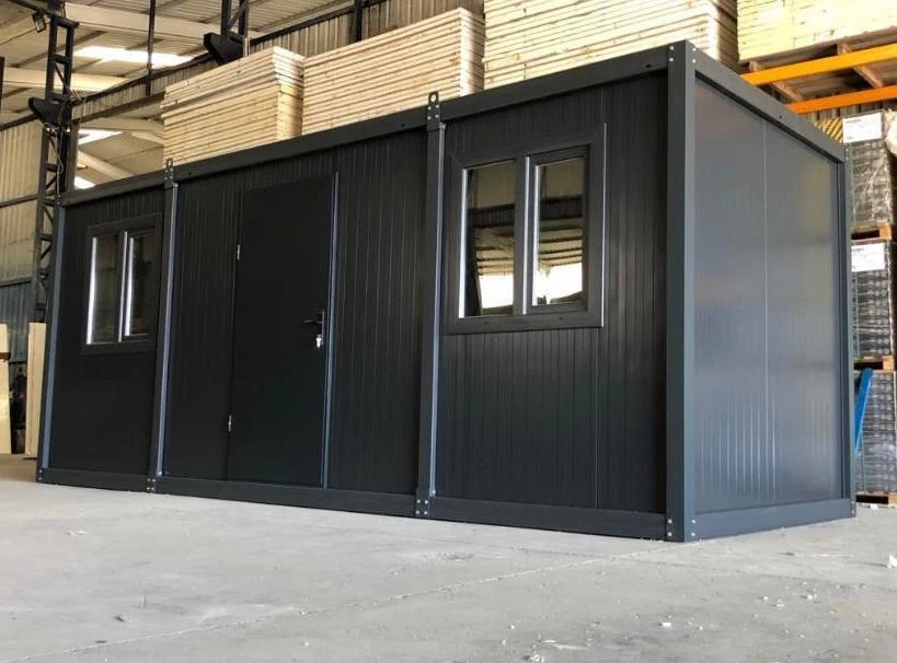 dark storage container with windows and door